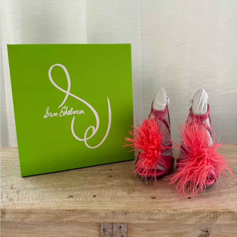 Sam Edelman Layton Feather Strappy Heels Rose Quartz Statement Sandal NWT Size 5 - Picture 8 of 16